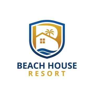 Negative Space Beach House Shield Emblem Logo Stock Illustration