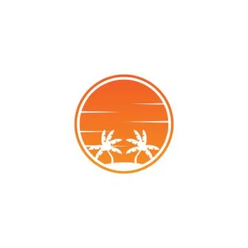 Negative space circle palm tree and orange sun logo design concept vector Illustrazione stock
