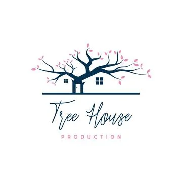 Negative space house in oak tree logo design Stock Illustration