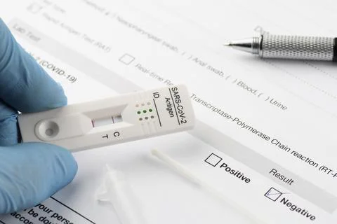 Negative test result by using rapid antigen test device for SARS-CoV-2, COVID-19 Stock Photos
