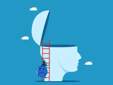 Negative thinking. Businessman holding negative thinking icon climbing stairs Stock Illustration