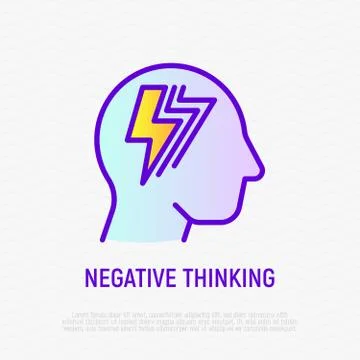 Negative thinking thin line icon. Flash in silhouette of man head. Illustrazione stock