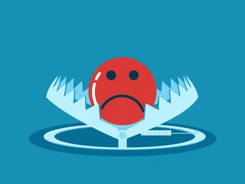 Negative thinking trap. Suffering icon in a trap. Vector Stock Illustration