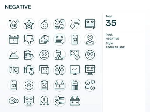 Negative Vector Icon Set with 35 Regular Line 256x256 Pixel Aligned Graphics Stock Illustration