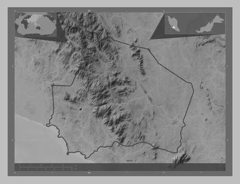 Negeri Sembilan, Malaysia. Grayscale elevation map with lakes and rivers Stock Illustration