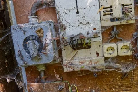Neglected Electrical Panel with Cobwebs and Debris Stock Photos