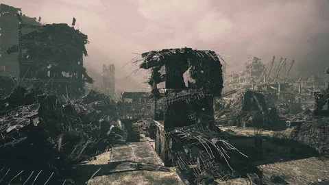 Neglected spire enveloped by broken debris and floating dust particles Stock Footage 341582252
