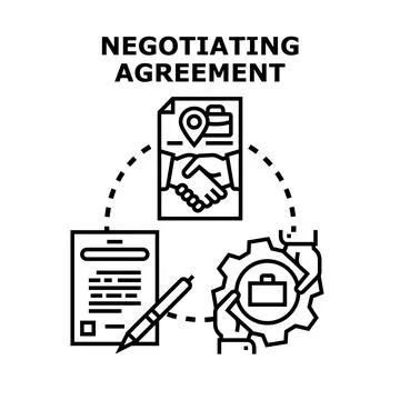 Negotiating business agreement process with document and handshake Stock Illustration