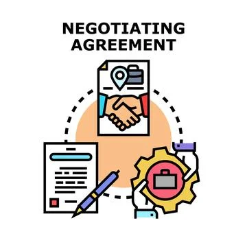 Negotiating business agreement process with document and handshake Stock Illustration