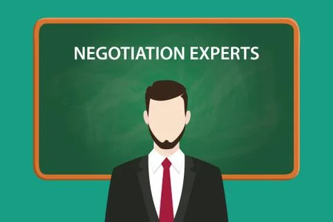 Negotiation experts white text illustration with a beard man wearing black suit Stock Illustration