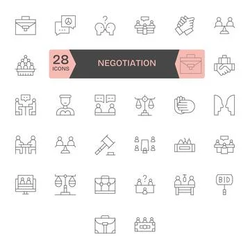 Negotiation featuring 32 256x256 Vector Icons in Thin Line Design Stock Illustration