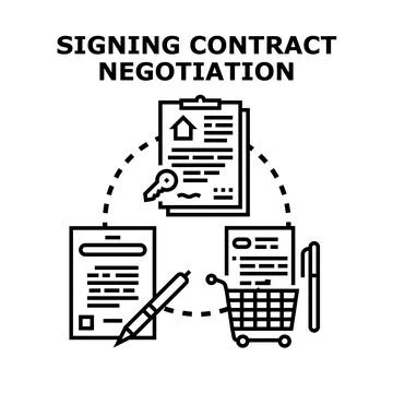 Negotiation process involving signing contracts and agreements Stock Illustration