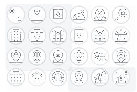 Neighborhood Essential Vector Set including 24 Pixel Optimized Thin Line 25.. Illustrazione stock