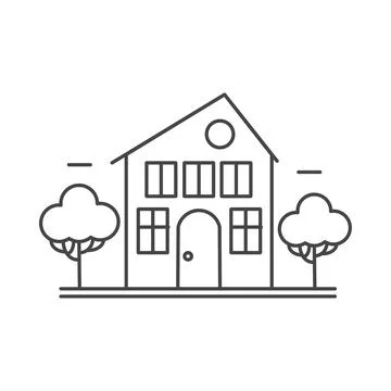 Neighborhood small house, line icon of building and trees in garden Ilustración de archivo