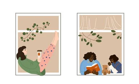 Neighborhood windows flat style vector illustration. Young women near windows Ilustração Stock