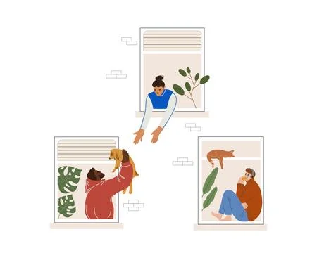 Neighborhood windows flat style vector illustration. Young woman and men near Ilustração Stock