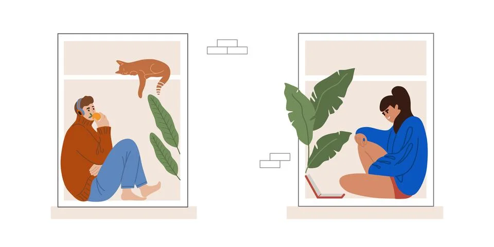 Neighborhood windows flat style vector illustration. Young woman and men near Ilustração Stock