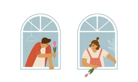 Neighborhood windows flat style vector illustration. Young woman and men near Ilustração Stock