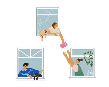 Neighborhood windows flat style vector illustration. Young women and man near Ilustração Stock