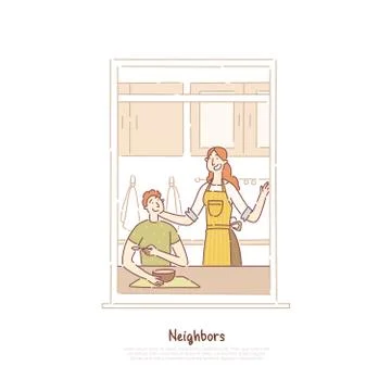 Neighbors in window frame, couple having breakfast, man and woman talking in Ilustración de archivo