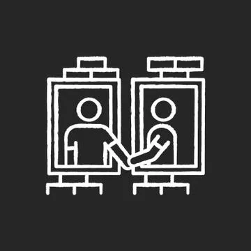 Neighbors in window frames chalk white icon on black background. Dormitory ma Ilustración de archivo