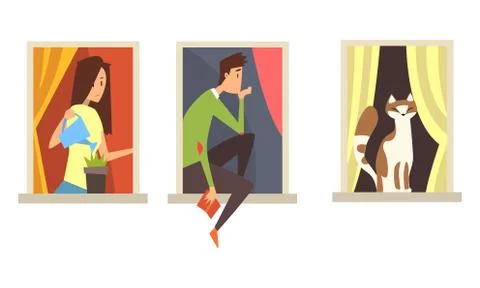 Neighbors in Windows Doing Daily Things in their Apartments Set, People and Cat Ilustración de archivo