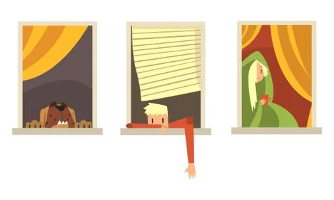 Neighbors in Windows Doing Daily Things in their Apartments Set, People and Dog Ilustración de archivo