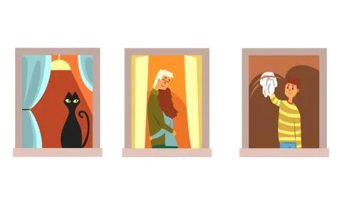 Neighbors in Windows Doing Daily Things in their Apartments Set, Black Cat Ilustración de archivo