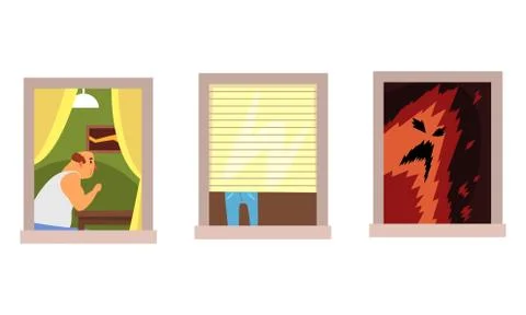 Neighbors in Windows Set, Different Situations in Apartments Cartoon Style Ilustración de archivo