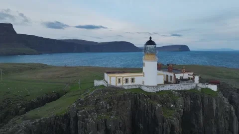 Neist Point Lighthouse from a drone, Isle of Skye, Scotland, England Stock Footage 308442384