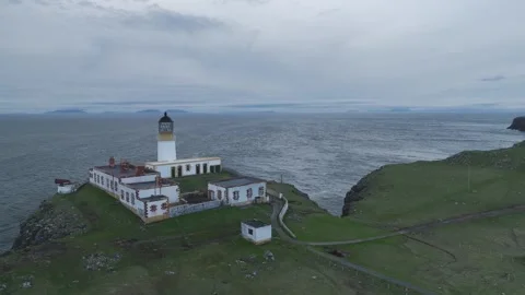 Neist Point Lighthouse from a drone, Isle of Skye, Scotland, England Stock Footage 308442387