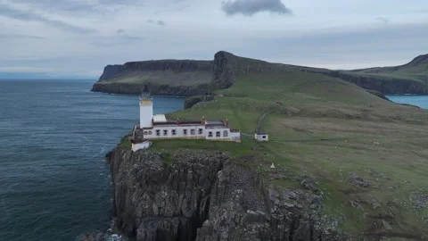 Neist Point Lighthouse from a drone, Isle of Skye, Scotland, England Stock Footage 308442413