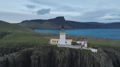 Neist Point Lighthouse from a drone, Isle of Skye, Scotland, England Stock Footage 308442424