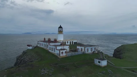 Neist Point Lighthouse from a drone, Isle of Skye, Scotland, England Stock Footage 308442448