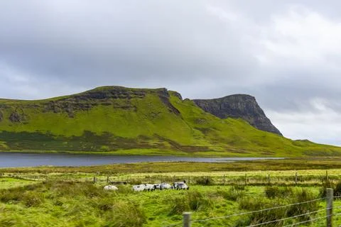 Neist Point at sunset, lighthouse, dramatic cliffs. Isle of Skye Stock Photos