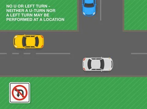 Neither a u-turn nor a left turn may be performed. Top view of a junction road. Stock Illustration