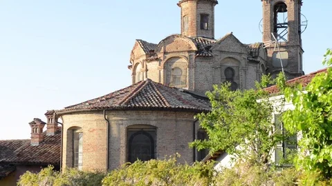 Neive, close up on church at sunset light Stock Footage 79303515