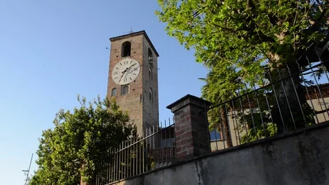 Neive, panoramic view on the medieval clock tower of Neive, Langhe, Italy Stock Footage 79350574