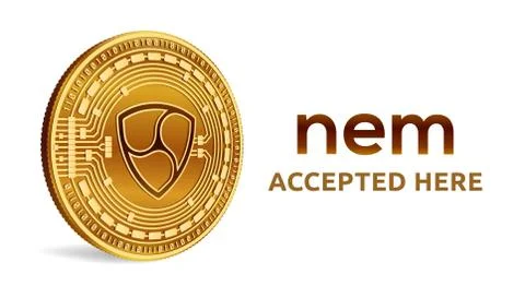 NEM. Accepted sign emblem. Crypto currency. Golden coin with NEM symbol isola Stock Illustration