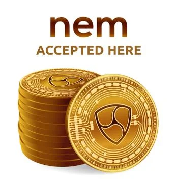 Nem. Accepted sign emblem. Crypto currency. Stack of golden coins with Nem sy Stock Illustration