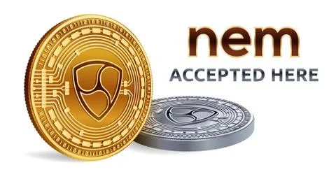 NEM. Accepted sign emblem. Crypto currency. Golden and silver coins with NEM  Stock Illustration