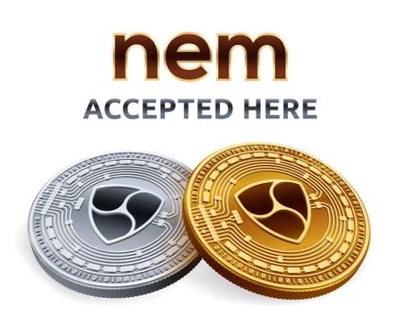 NEM. Accepted sign emblem. Crypto currency. Golden and silver coins with NEM  Stock Illustration