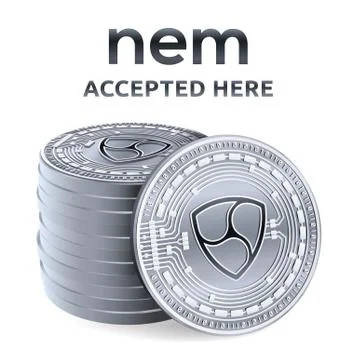 Nem. Accepted sign emblem. Crypto currency. Stack of silver coins with Nem sy Stock Illustration