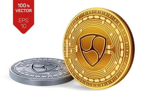 Nem. Crypto currency. 3D isometric Physical coins. Digital currency. Golden a Stock-Illustration