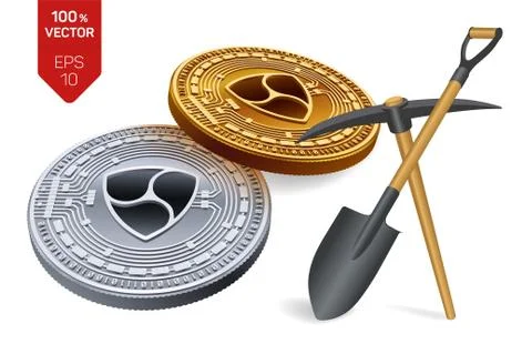 Nem mining concept. 3D isometric Physical bit coin with pickaxe and shovel. D Stock Illustration