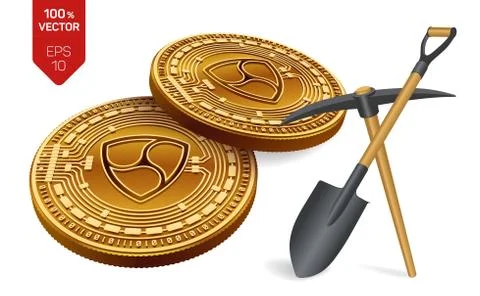 Nem mining concept. 3D isometric Physical bit coin with pickaxe and shovel. D Illustrazione stock