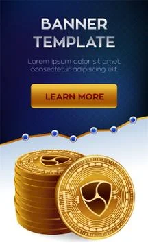 Nem. Stack of golden coins with Nem symbol. Cryptocurrency editable banner te Stock Illustration