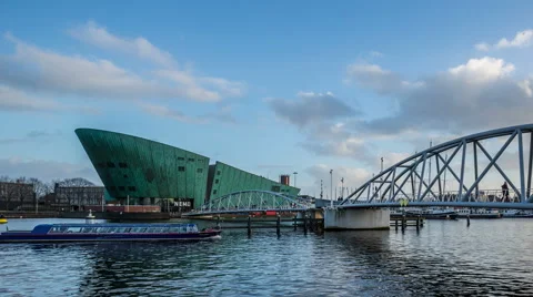 Nemo museum building with bridge DSLR timelapse Stock Footage 48615106