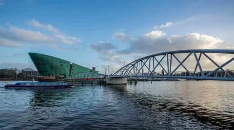 Nemo museum building with bridge DSLR timelapse Stock Footage 48618136