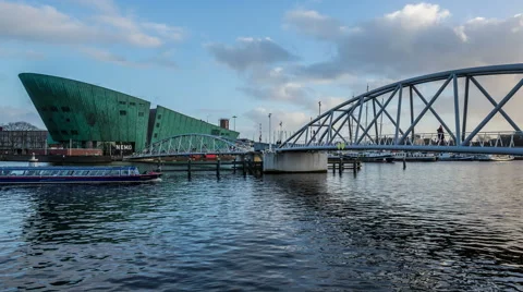 Nemo museum building with bridge DSLR timelapse Stock Footage 48619736